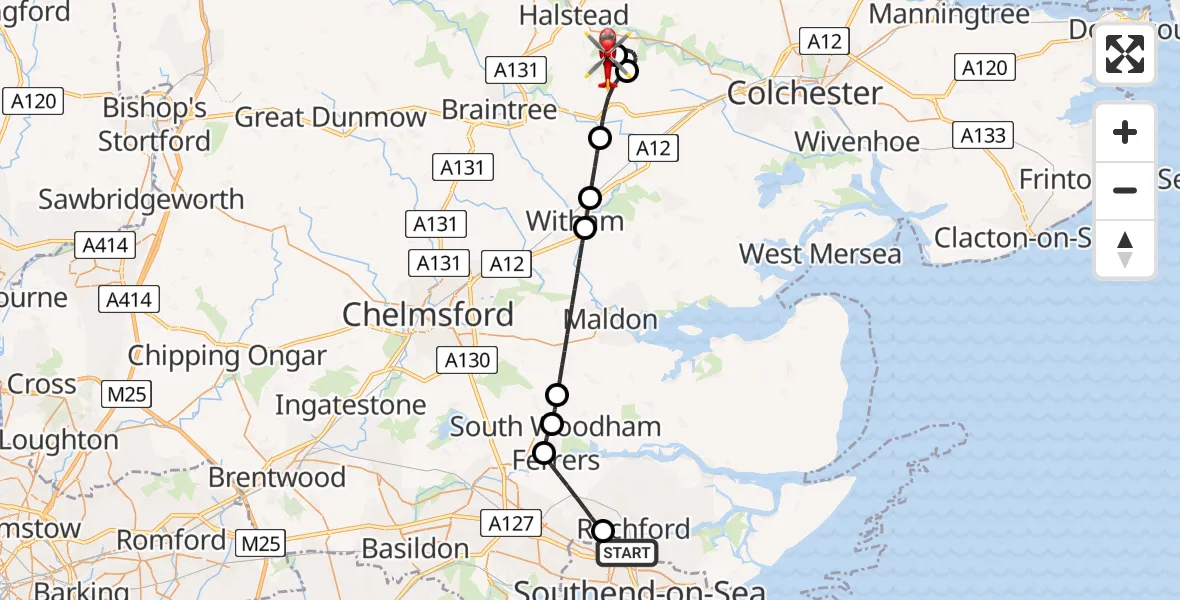 Flight route Air Ambulance Helicopter London Southend Airport - Earls Colne Airfield, 26 June 2026, 11:48