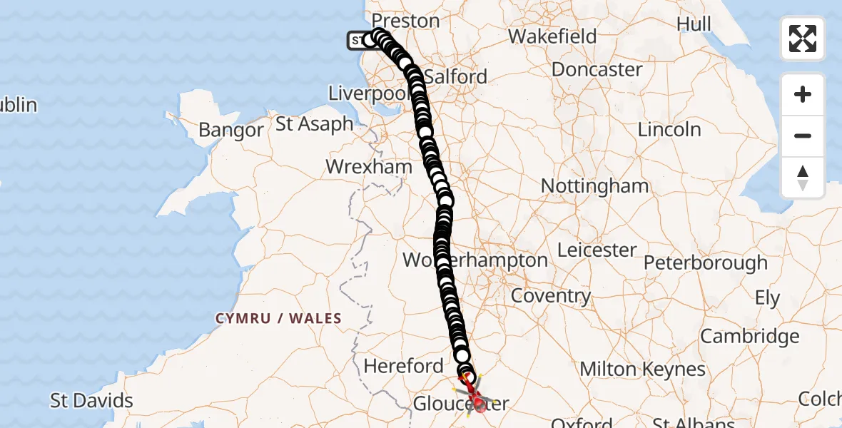 Flight route Air Ambulance Helicopter Southport - Tewkesbury, 26 June 2026, 11:50