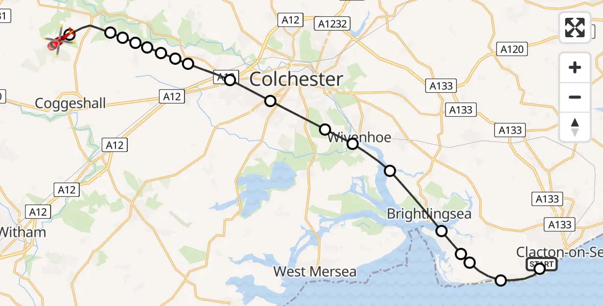 Flight route Air Ambulance Helicopter Clacton Airfield - Earls Colne Airfield, 26 June 2026, 12:00