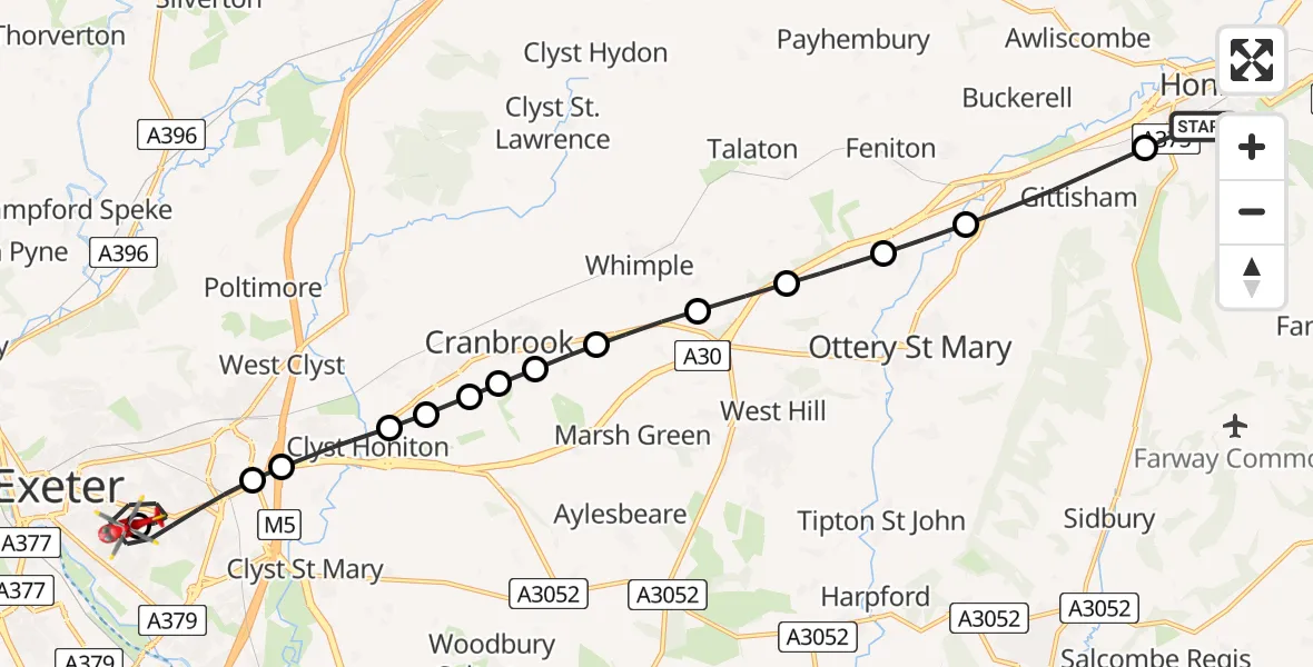 Flight route Air Ambulance Helicopter Honiton - Royal Devon & Exeter Hospital, 26 June 2026, 12:07