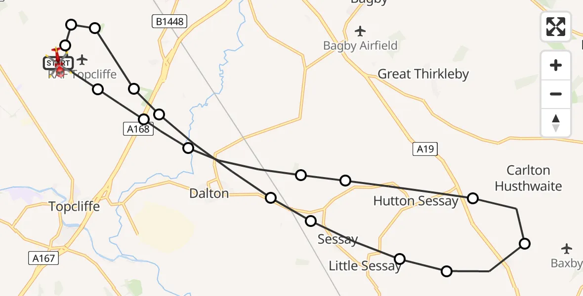 Flight route Air Ambulance Helicopter RAF Topcliffe - RAF Topcliffe, 26 June 2026, 12:11