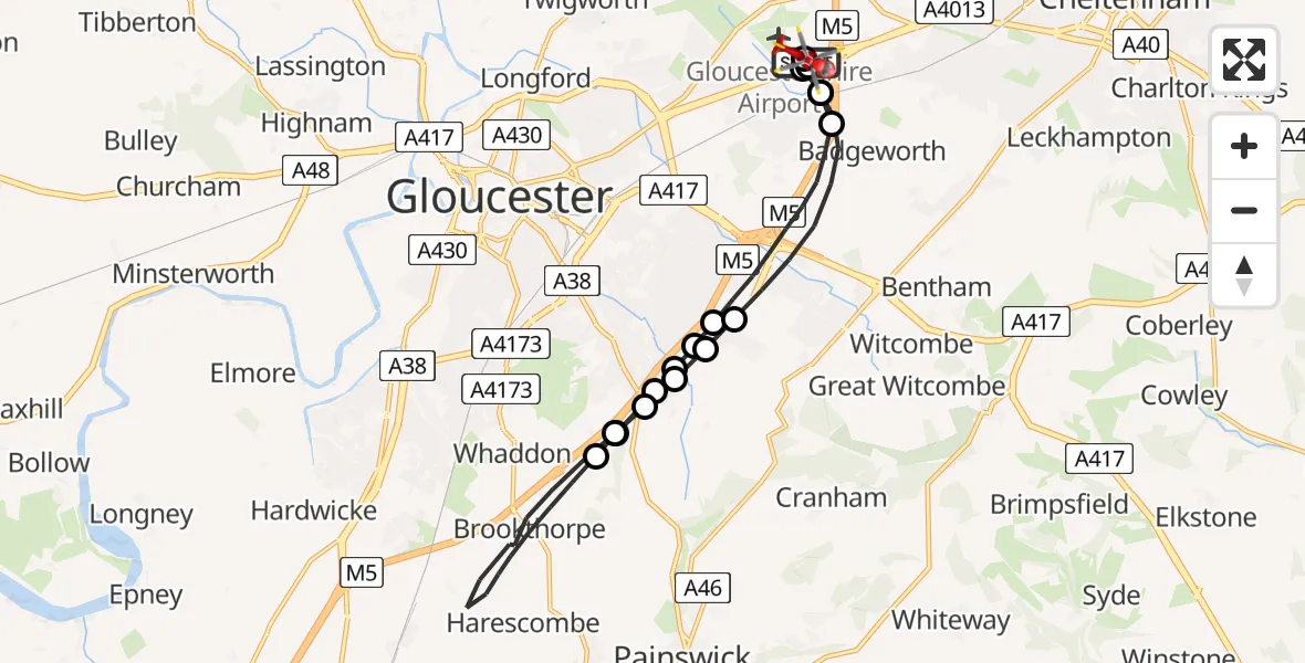 Flight route Air Ambulance Helicopter Gloucestershire Airport - Gloucestershire Airport, 26 June 2026, 12:13