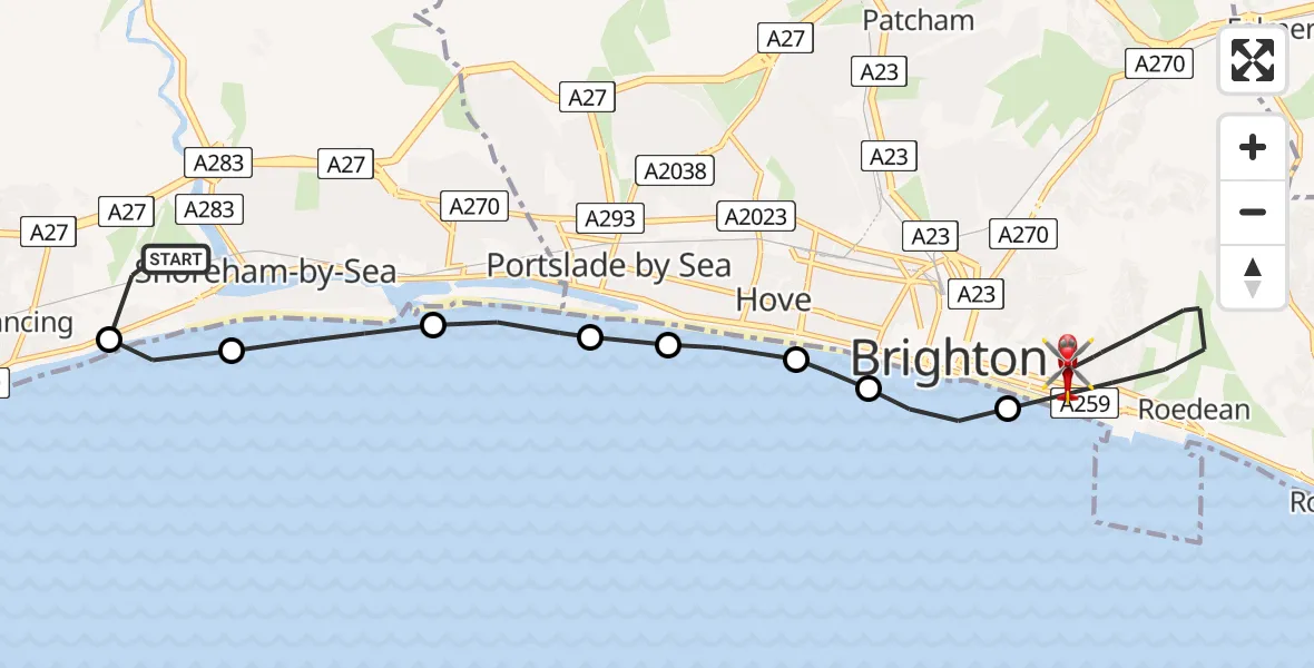 Flight route Air Ambulance Helicopter Brighton City Airport - Brighton, 26 June 2026, 12:15