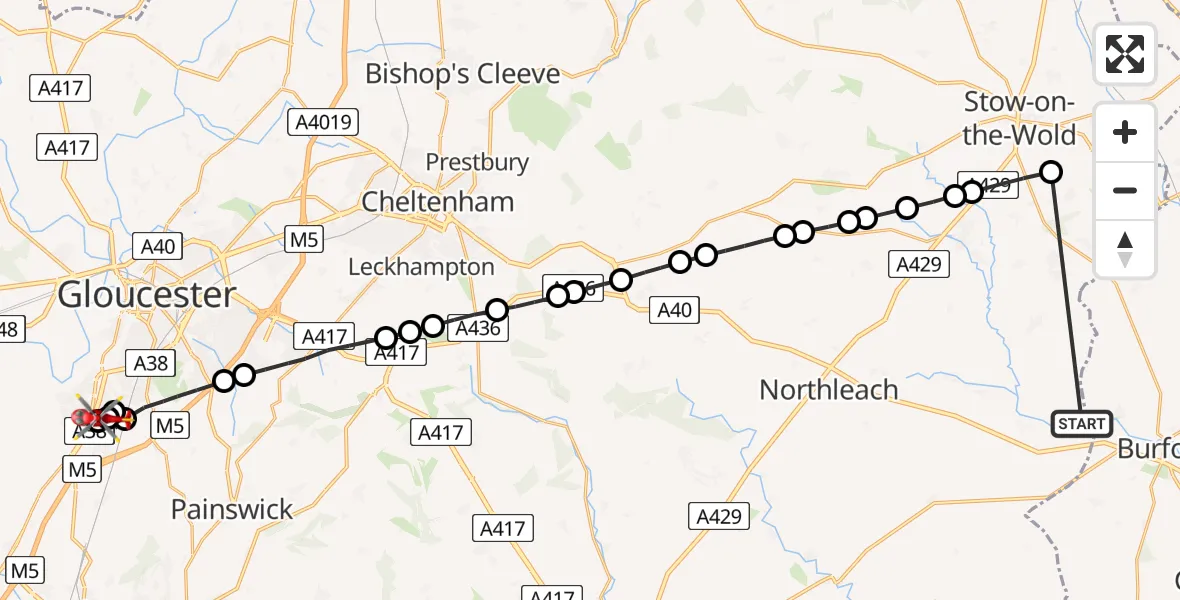 Flight route Air Ambulance Helicopter Cotswold - Gloucester, 26 June 2026, 12:15