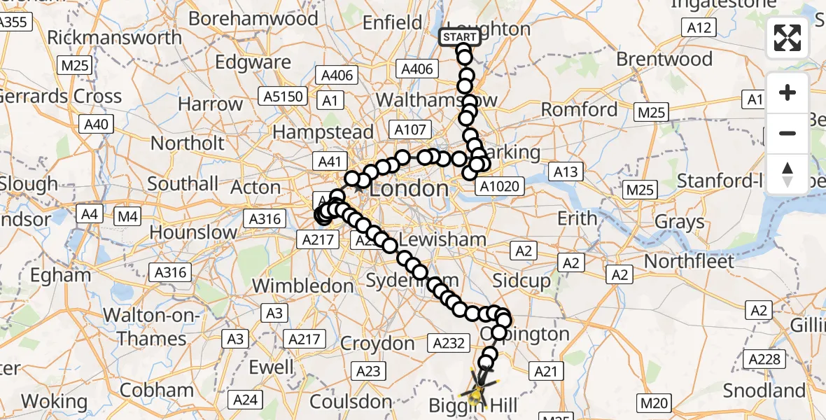 Flight route Police Helicopter Waltham Abbey - London Biggin Hill Airport, 26 June 2026, 12:36
