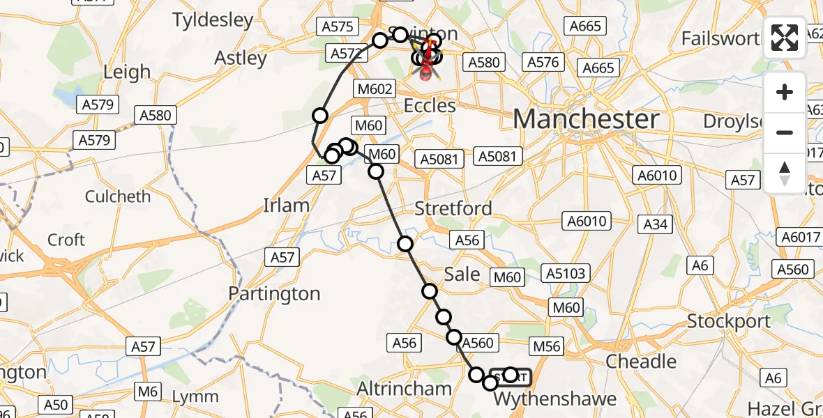 Flight route Air Ambulance Helicopter Wythenshawe Hospital Helipad - Eccles, 26 June 2026, 12:36