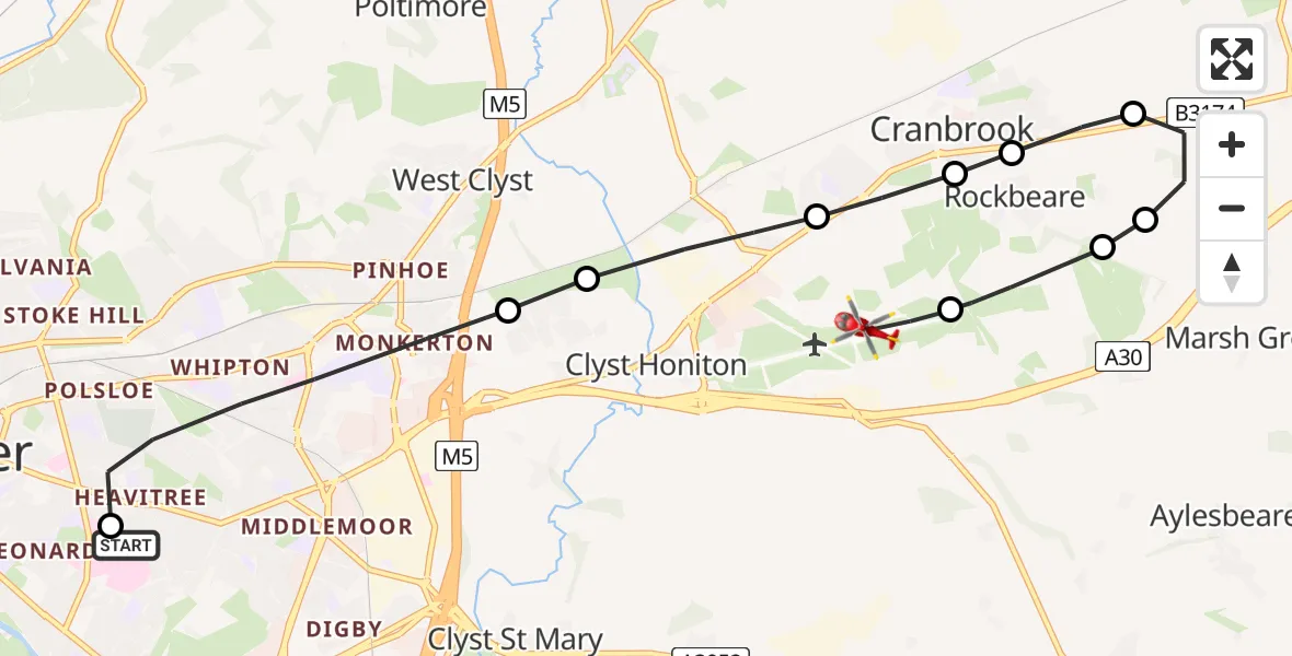 Flight route Air Ambulance Helicopter Royal Devon & Exeter Hospital - Exeter International Airport, 26 June 2026, 12:52