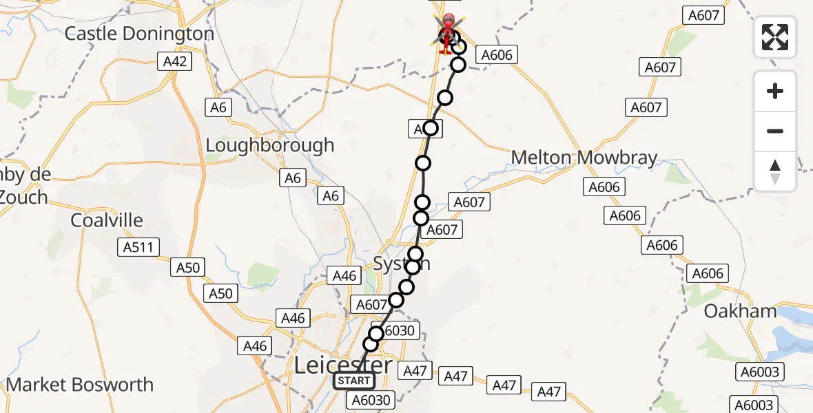 Flight route Air Ambulance Helicopter Highfields - Nottingham Heliport, 26 June 2026, 13:01