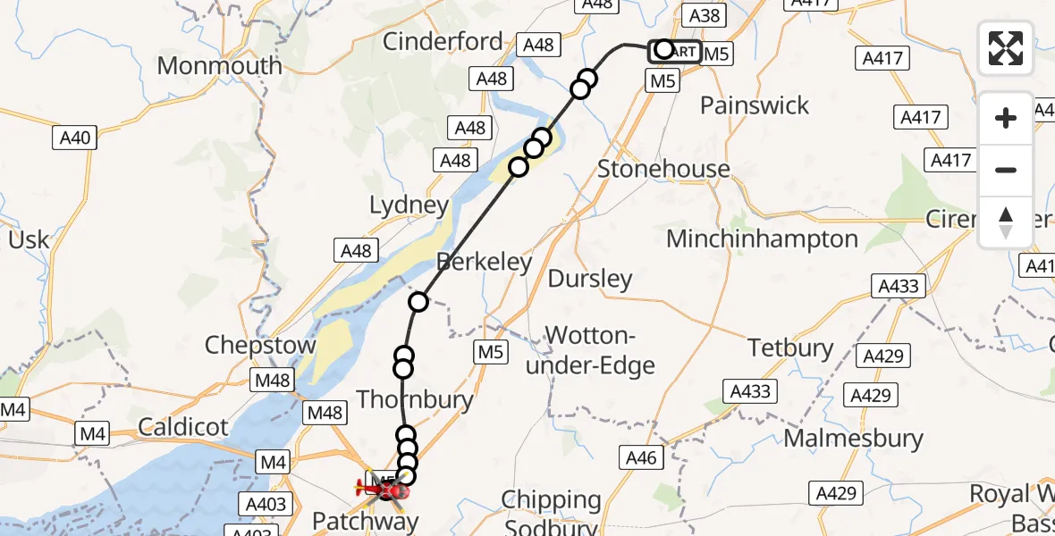 Flight route Air Ambulance Helicopter Gloucester - Almondsbury Helicopter Base, 26 June 2026, 13:06