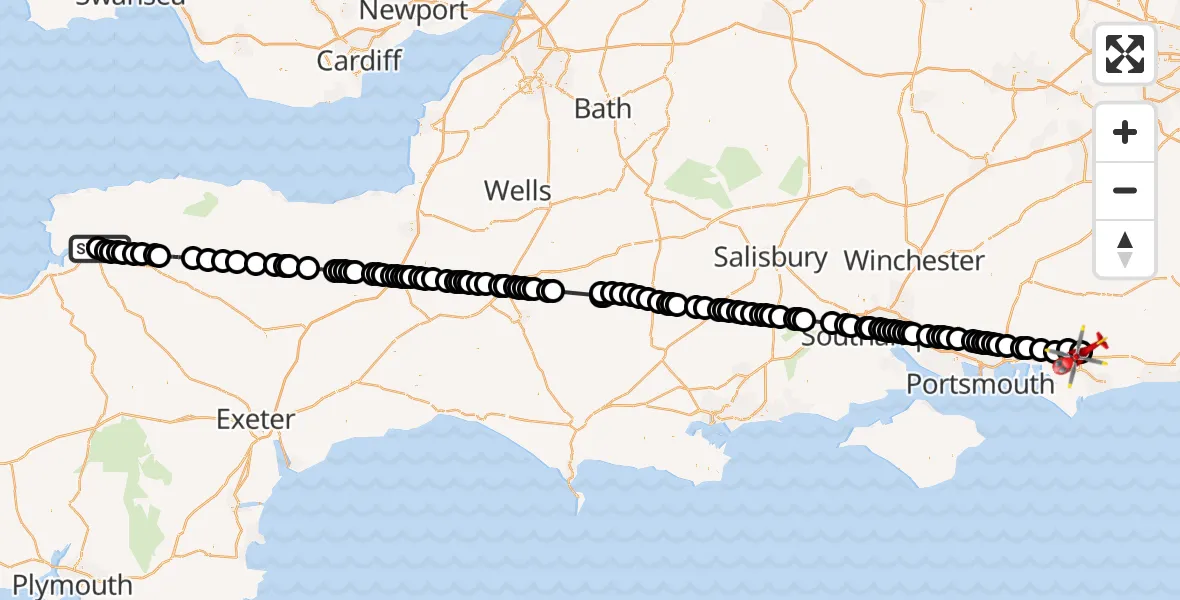 Flight route Air Ambulance Helicopter North Devon Hospital - Goodwood Aerodrome, 26 June 2026, 13:06
