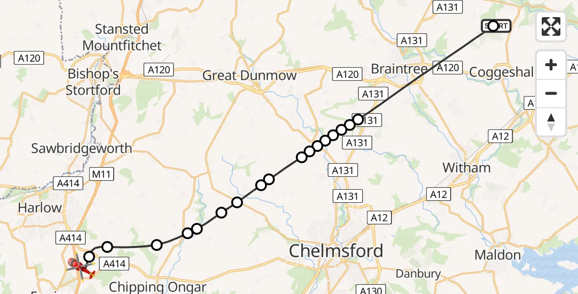 Flight route Air Ambulance Helicopter Earls Colne Airfield - North Weald Airfield, 26 June 2026, 13:16