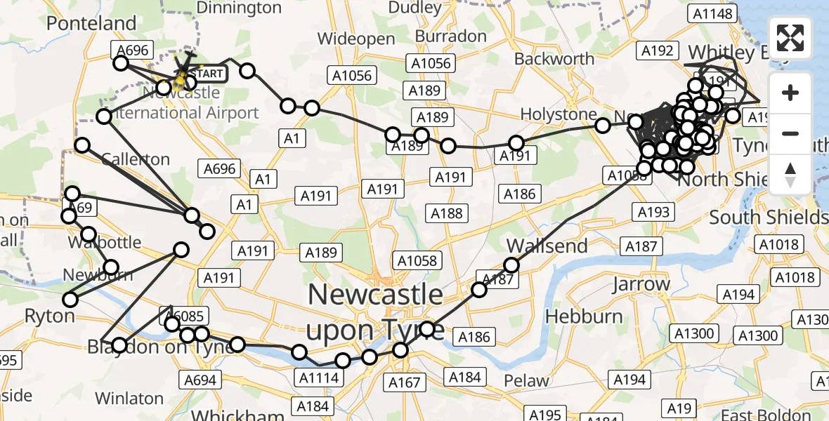 Flight route Police Helicopter Newcastle International Airport - Newcastle International Airport, 26 June 2026, 13:22