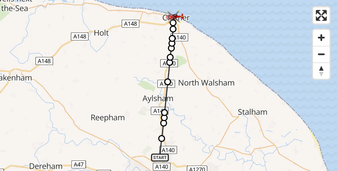 Flight route Air Ambulance Helicopter Horsford - Cromer, 26 June 2026, 13:38