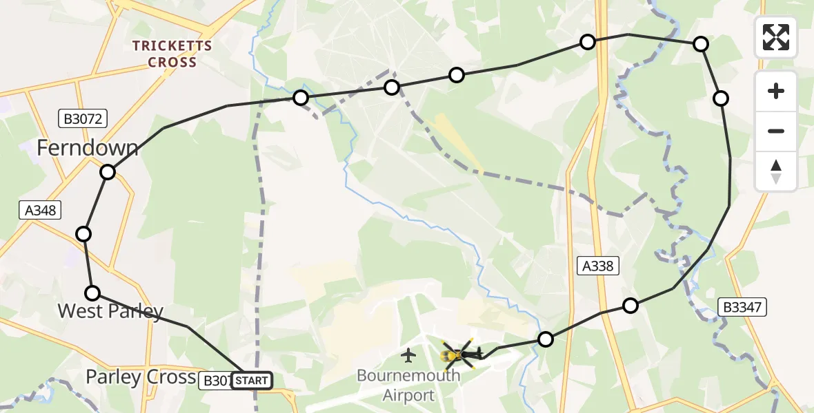 Flight route Police Helicopter Parley Cross - Bournemouth Airport, 26 June 2026, 13:47