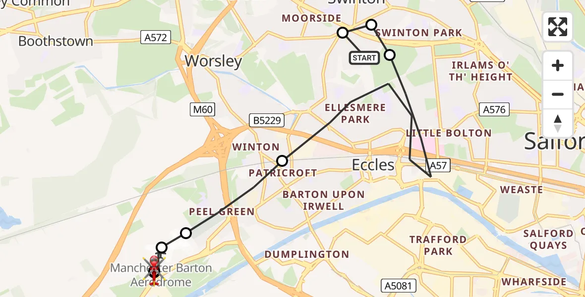 Flight route Air Ambulance Helicopter Swinton - Manchester Barton Aerodrome, 26 June 2026, 13:51