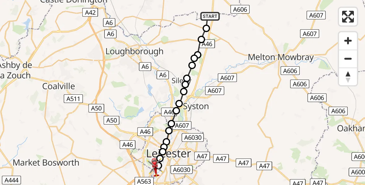 Flight route Air Ambulance Helicopter Willoughby on the Wolds - Braunstone, 26 June 2026, 13:53