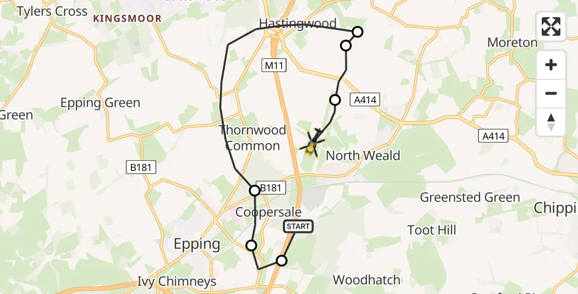 Flight route Police Helicopter Coopersale - North Weald Airfield, 26 June 2026, 13:57