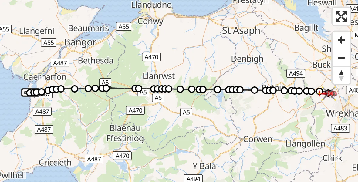 Flight route Air Ambulance Helicopter Caernarfon Airport - Cymau, 26 June 2026, 14:05