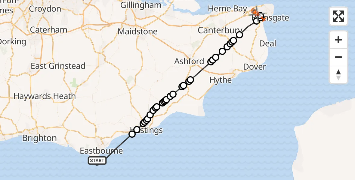 Flight route Coastguard Helicopter English Channel - Manston Airport, 26 June 2026, 14:06