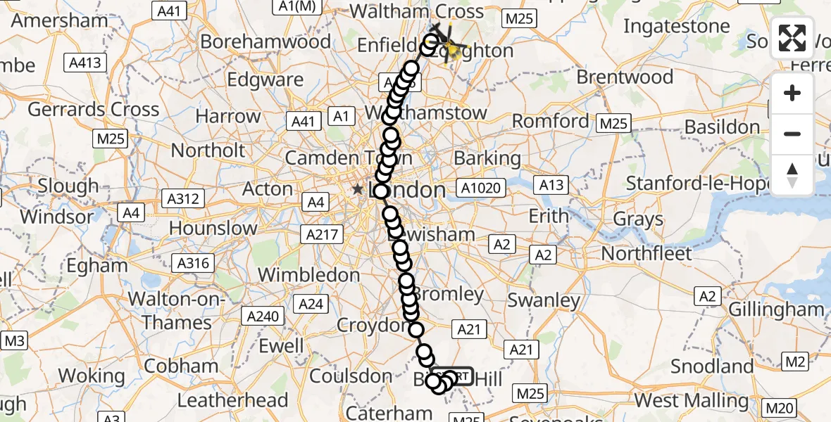 Flight route Police Helicopter London Biggin Hill Airport - Sewardstonebury, 26 June 2026, 14:15