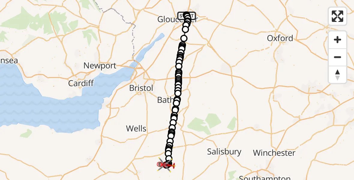 Flight route Air Ambulance Helicopter Gloucestershire Airport - Henstridge Airfield, 26 June 2026, 14:24