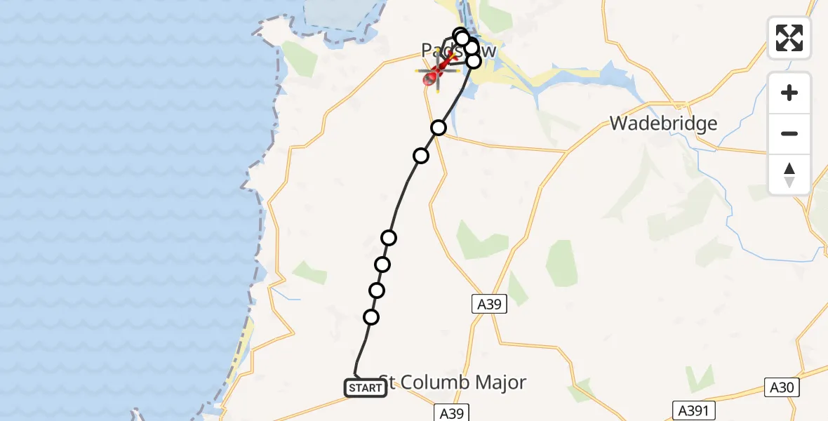 Flight route Air Ambulance Helicopter Cornwall Airport Newquay - Padstow, 26 June 2026, 14:35