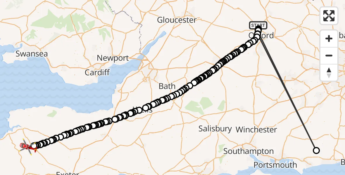 Flight route Air Ambulance Helicopter Kidlington - North Devon, 26 June 2026, 14:35
