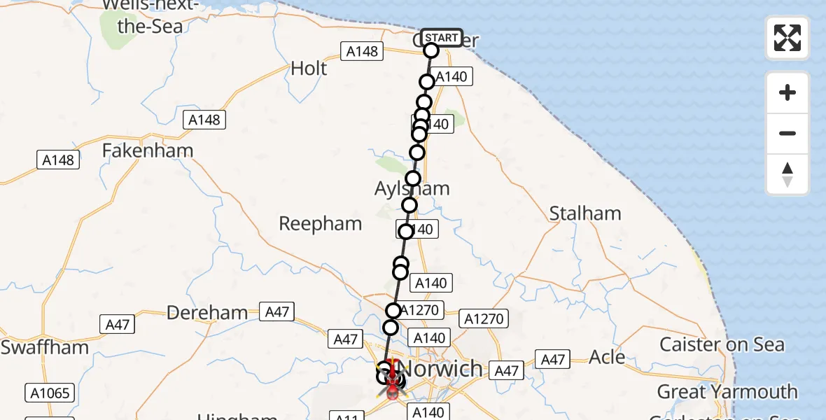 Flight route Air Ambulance Helicopter Cromer - Norfolk & Norwich Hospital, 26 June 2026, 14:37