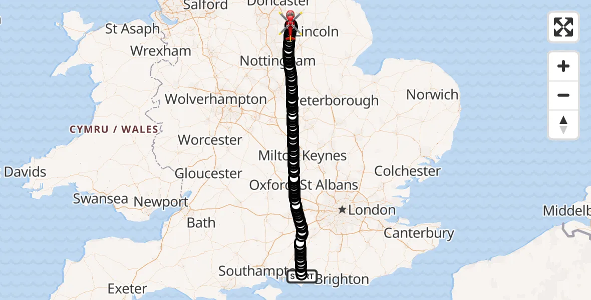 Flight route Air Ambulance Helicopter Goodwood Aerodrome - Retford Gamston Airport, 26 June 2026, 14:39