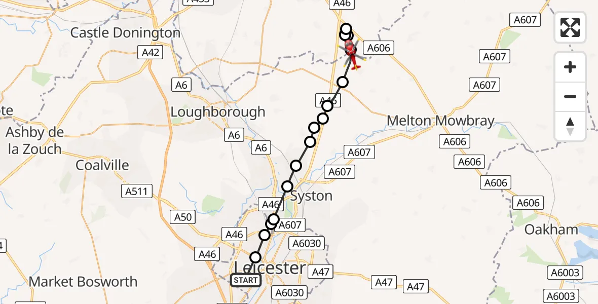 Flight route Air Ambulance Helicopter Braunstone - Rushcliffe, 26 June 2026, 14:44