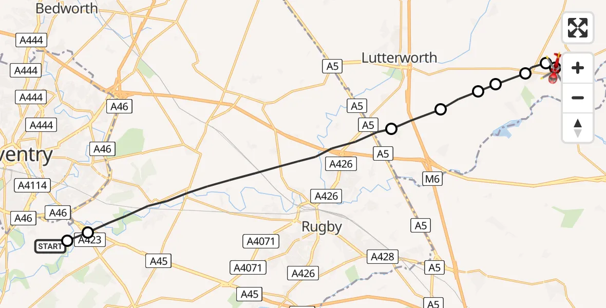 Flight route Air Ambulance Helicopter Coventry Airport - Husbands Bosworth, 26 June 2026, 14:49