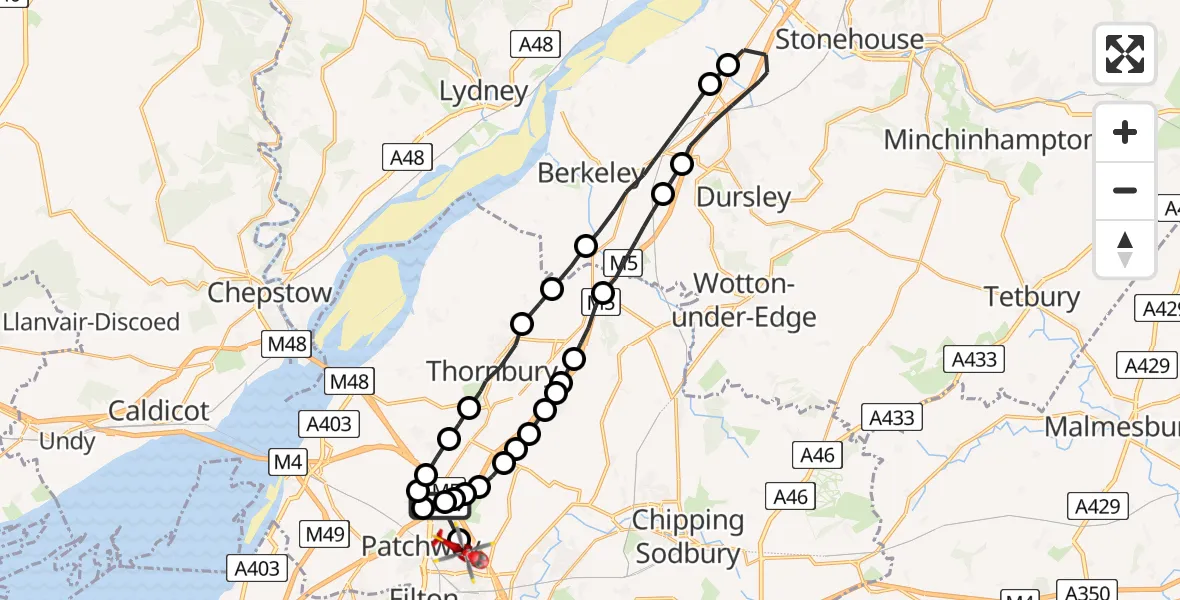 Flight route Air Ambulance Helicopter Almondsbury Helicopter Base - Bradley Stoke, 26 June 2026, 14:50