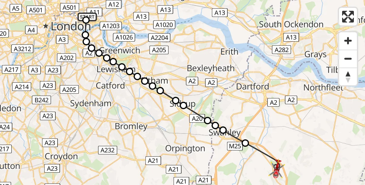 Flight route Air Ambulance Helicopter Royal London Hospital - Sevenoaks, 26 June 2026, 14:51