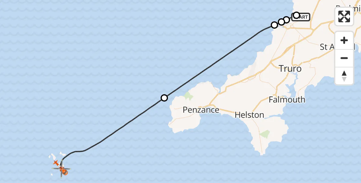 Flight route Coastguard Helicopter Cornwall Airport Newquay - North Atlantic Ocean, 26 June 2026, 14:52