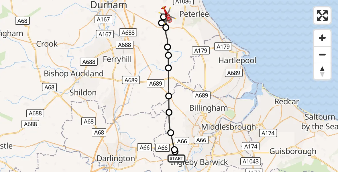 Flight route Air Ambulance Helicopter Egglescliffe - Shadforth, 26 June 2026, 15:05