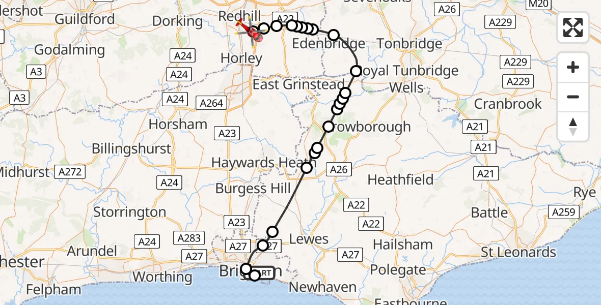 Flight route Air Ambulance Helicopter Brighton - Redhill Aerodrome, 26 June 2026, 15:13