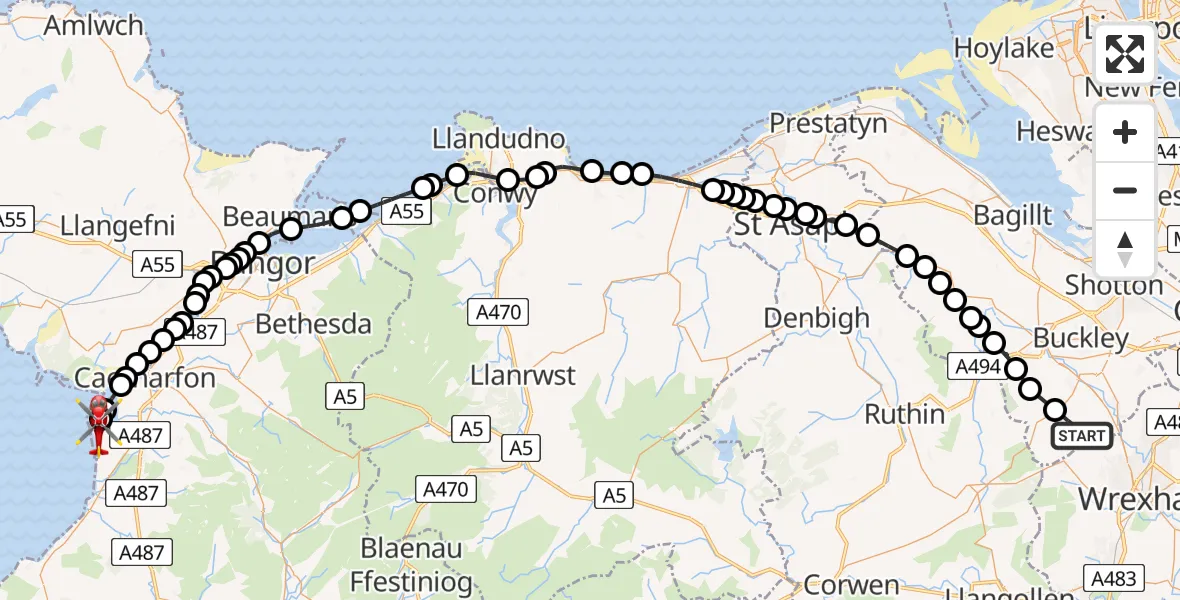 Flight route Air Ambulance Helicopter Llanfynydd - Caernarfon Airport, 26 June 2026, 15:28