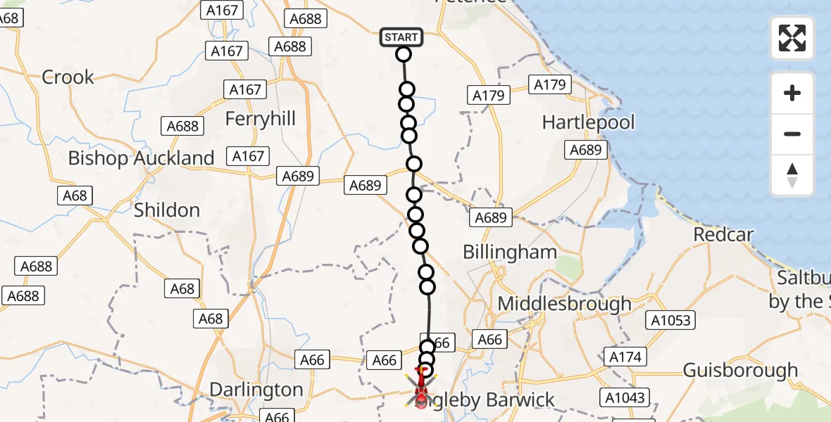 Flight route Air Ambulance Helicopter Wheatley Hill - Egglescliffe, 26 June 2026, 15:32