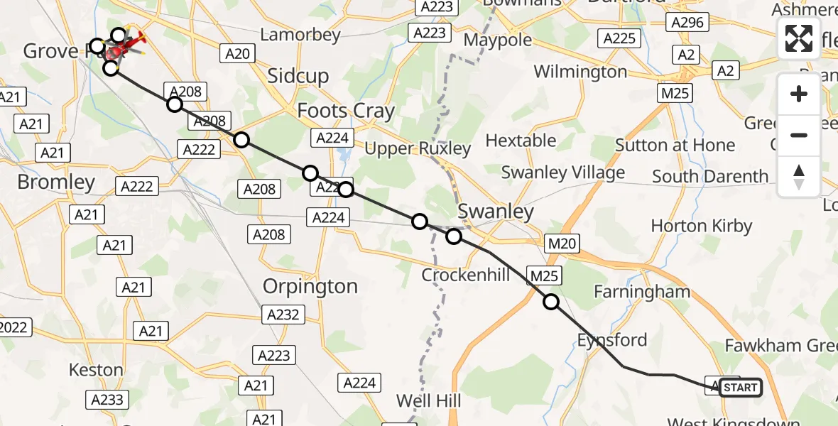 Flight route Air Ambulance Helicopter Sevenoaks - Chinbrook, 26 June 2026, 15:48