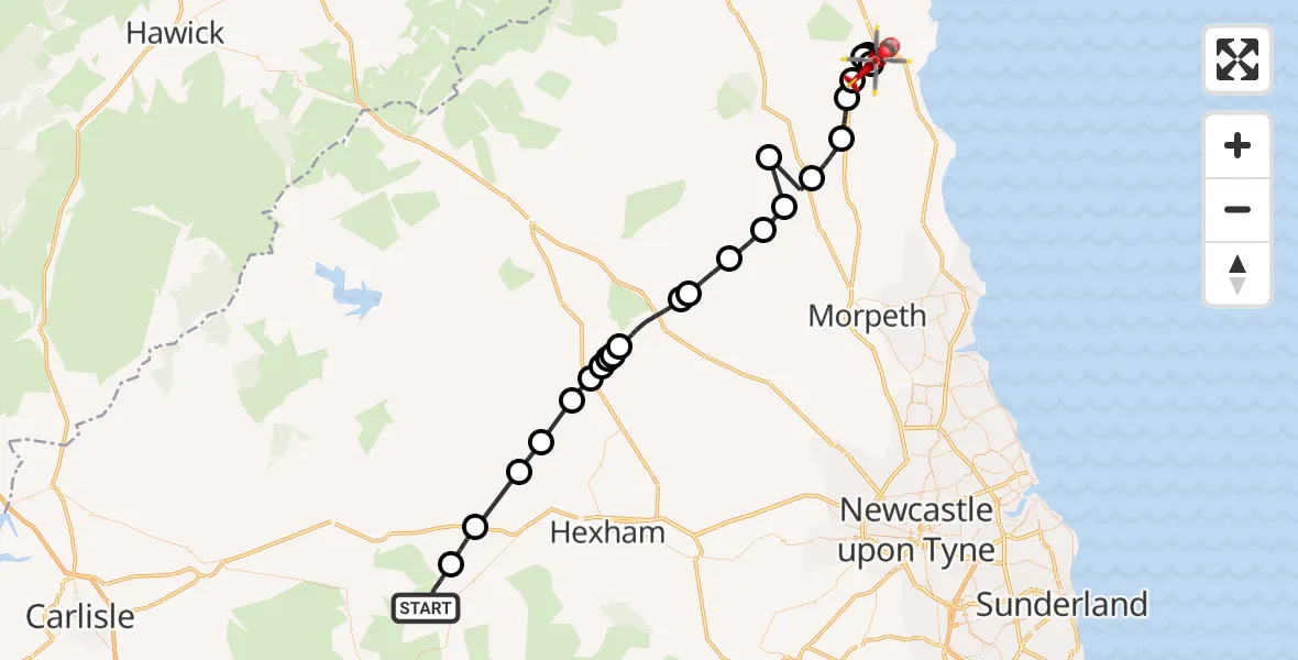 Flight route Air Ambulance Helicopter Plenmeller with Whitfield - Denwick, 26 June 2026, 15:49