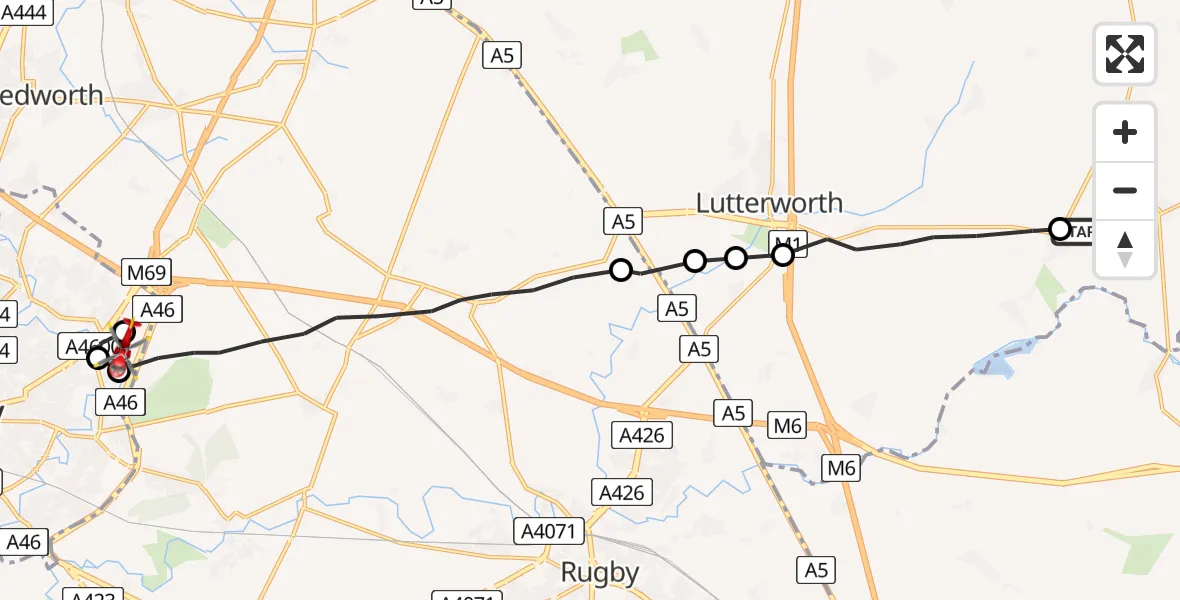 Flight route Air Ambulance Helicopter North Kilworth - University Hospital Coventry, 26 June 2026, 15:51