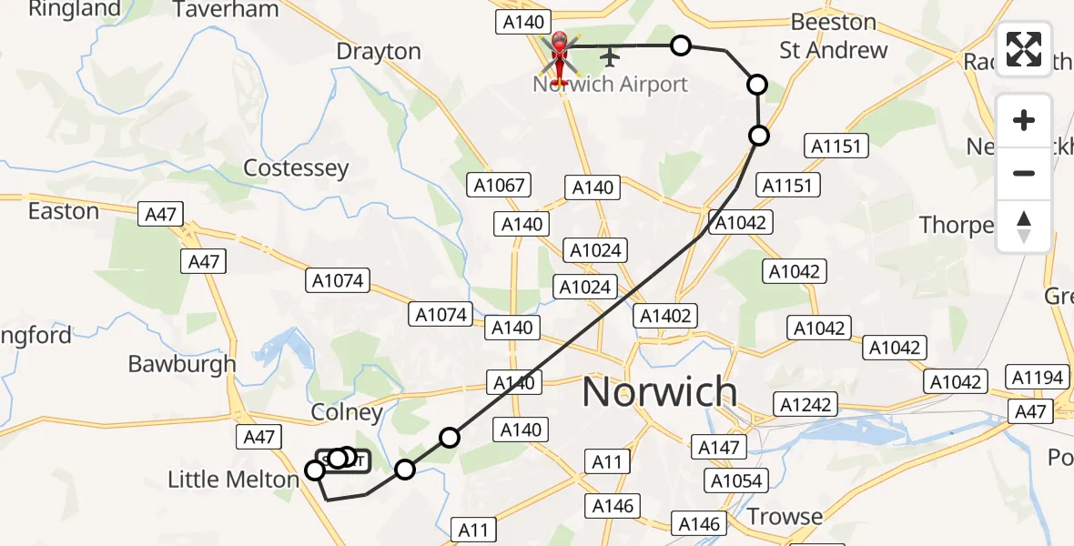 Flight route Air Ambulance Helicopter Norfolk & Norwich Hospital - Norwich Airport, 26 June 2026, 15:55