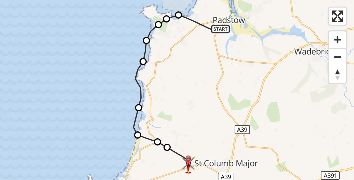 Flight route Air Ambulance Helicopter Padstow - Cornwall Airport Newquay, 26 June 2026, 15:55