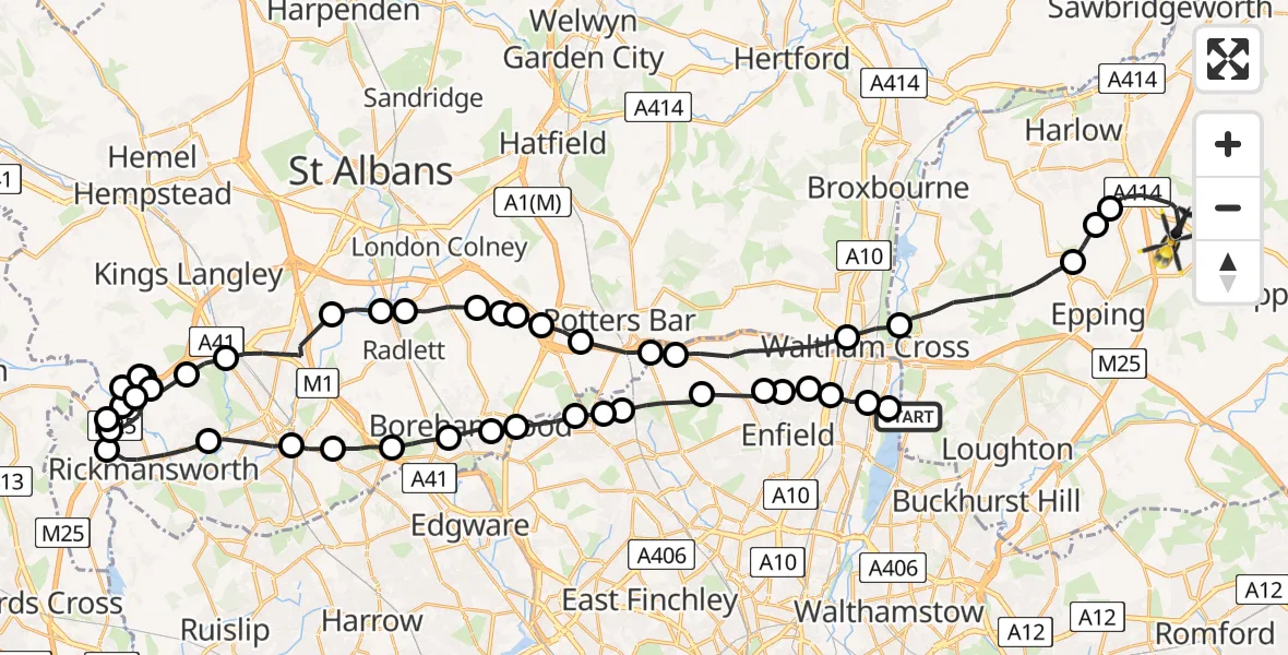 Flight route Police Helicopter Waltham Abbey - North Weald Airfield, 26 June 2026, 16:00