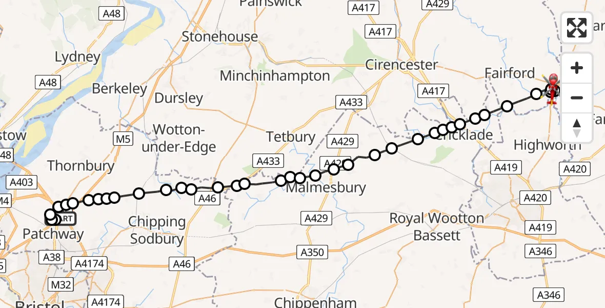 Flight route Air Ambulance Helicopter Almondsbury Helicopter Base - Lechlade, 26 June 2026, 16:12
