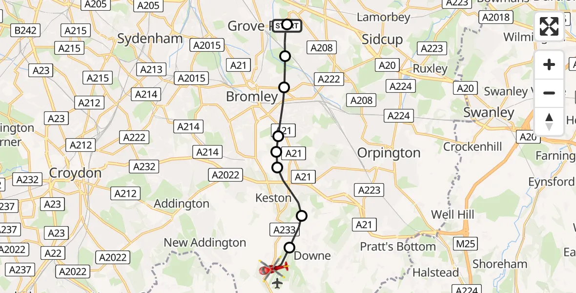 Flight route Air Ambulance Helicopter Chinbrook - London Biggin Hill Airport, 26 June 2026, 16:21