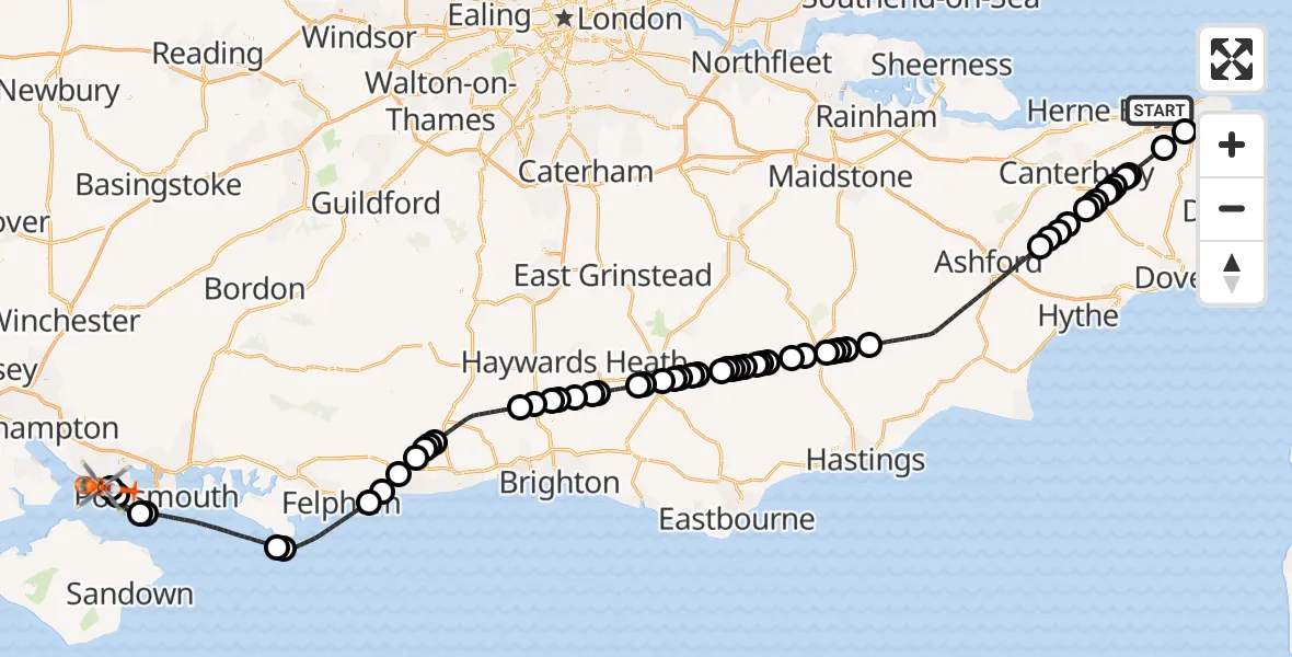 Flight route Coastguard Helicopter Minnis Bay - Solent Airport, 26 June 2026, 16:27