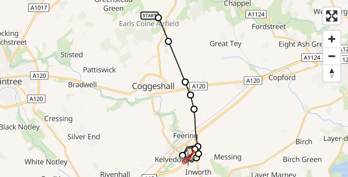 Flight route Air Ambulance Helicopter Earls Colne Airfield - Kelvedon, 26 June 2026, 16:29
