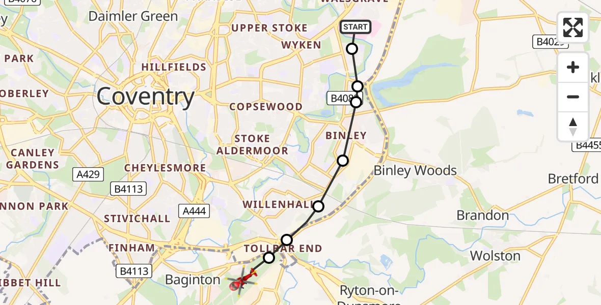 Flight route Air Ambulance Helicopter University Hospital Coventry - Coventry Airport, 26 June 2026, 16:32