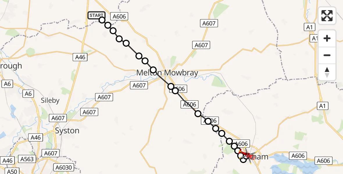 Flight route Air Ambulance Helicopter Rushcliffe - Oakham, 26 June 2026, 16:41